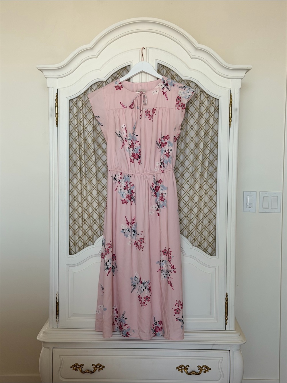 LOFT Pink Floral Midi Dress with Tie Detail